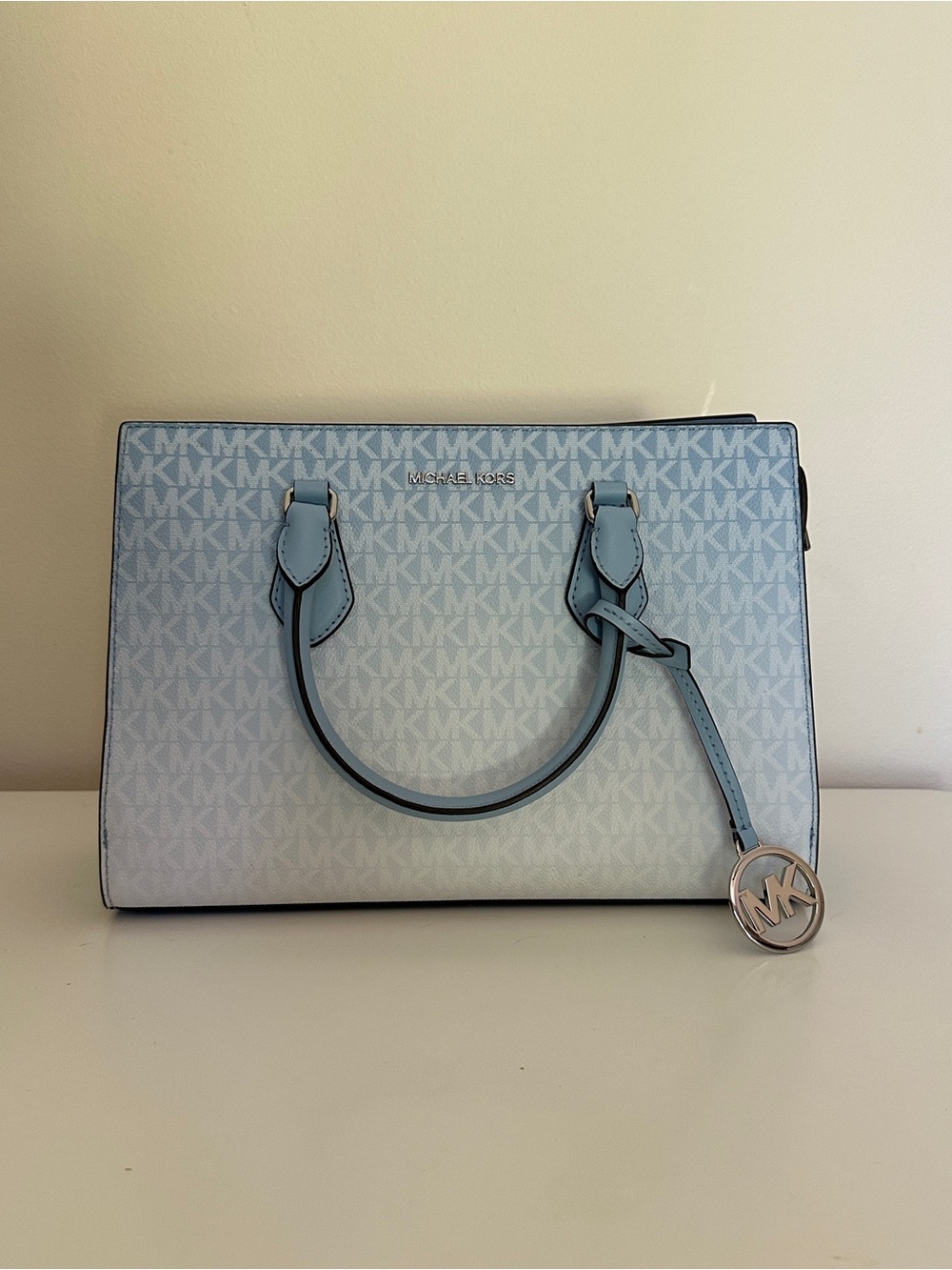 NWT Michael Kors Sheila Light Blue Ombré Signature Logo Satchel Crossbody Purse
